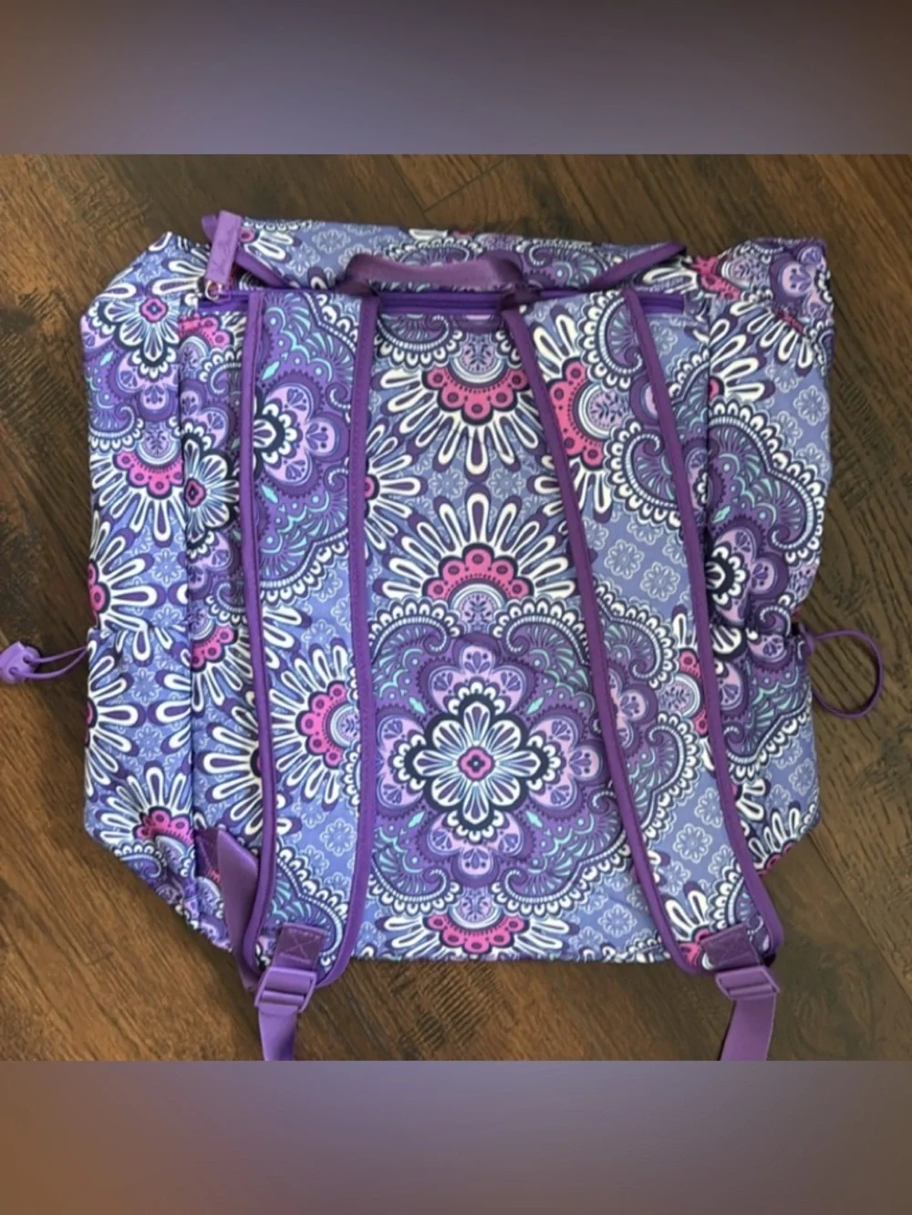 VERA BRADLEY BACKPACK LARGE PURPLE PINK WHITE FLORAL MEDALLION PRINT WHIMSY NWOT